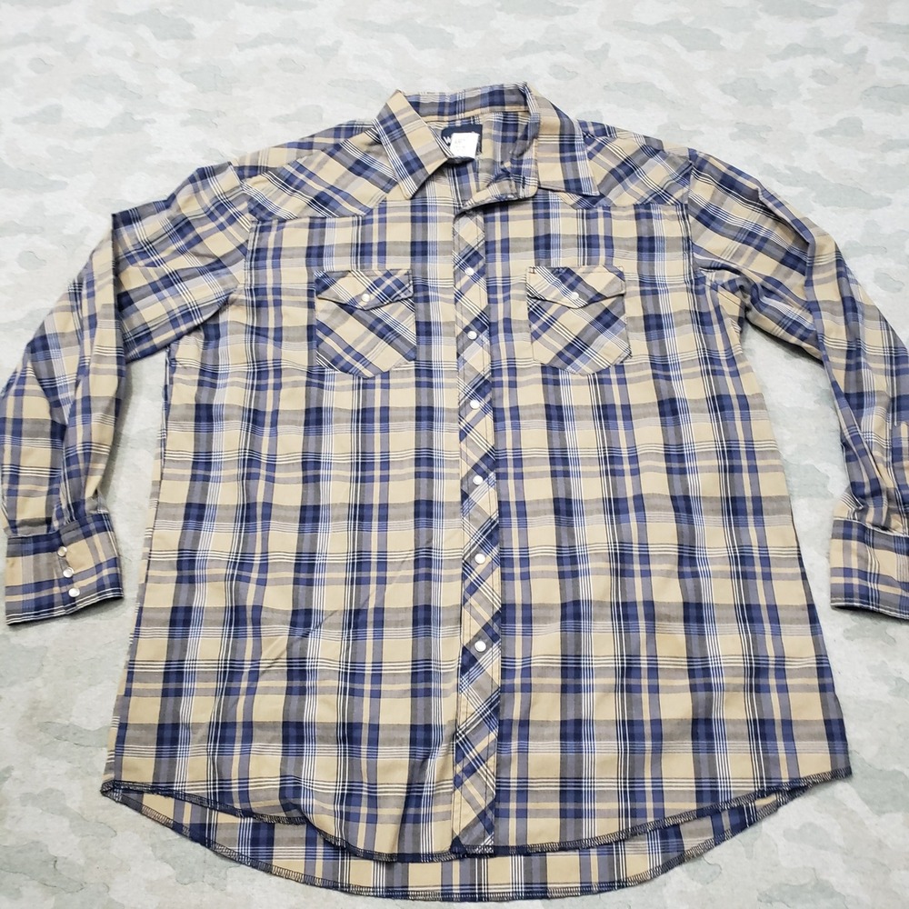 Wrangler Western Shirt Mens 18x37 Tall Blue Plaid Pearl Snap Long Sleeve Cowboy